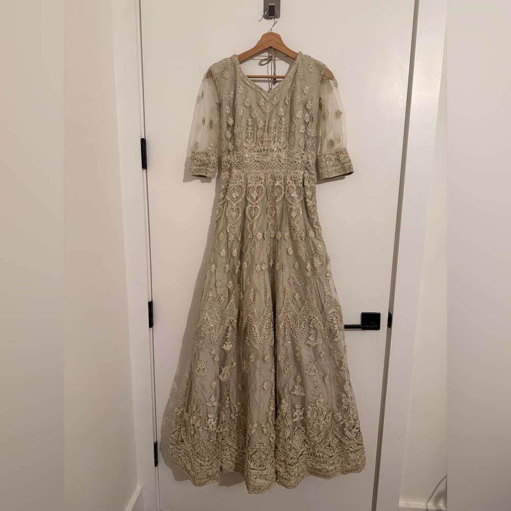 Ornate silver anarkali with shimmering sequin beadwork